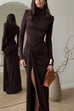 Meridress Turtleneck Ruched High Slit Maxi Party Dress