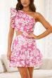 Meridress One Shoulder Cut Out Floral Print Ruffle Mini Dress