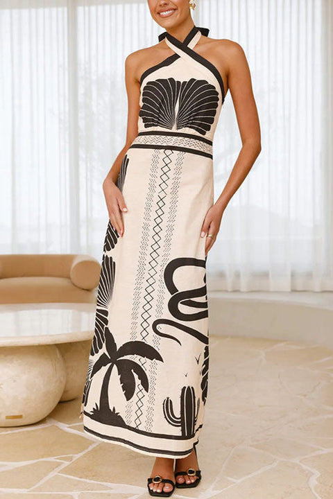 Meridress Palm Canyon Print Criss Cross Halter Maxi Dress