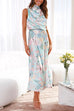 Meridress Irregular Tie Neck Waisted Floral Printed Maxi Satin Dress