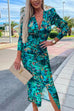 Meridress Deep V Neck Long Sleeve Ruched Slit Printed Bodycon Dress