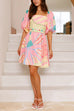 Meridress Puff Sleeves Backlesss Rio Print A-line Mini Dress