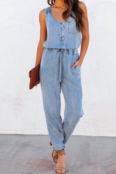 Meridress Drawstring Waist Distressed Denim Tank Jumpsuit