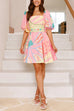 Meridress Puff Sleeves Backlesss Rio Print A-line Mini Dress