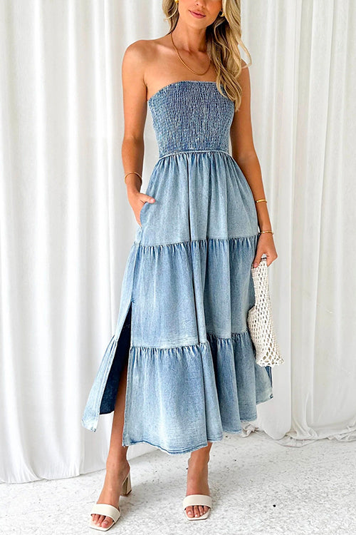 Meridress Strapless Tube Side Slit Ruffle Tiered Denim Dress