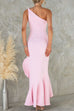 One Shoulder Irregular Ruffle Hem Bodycon Maxi Dress