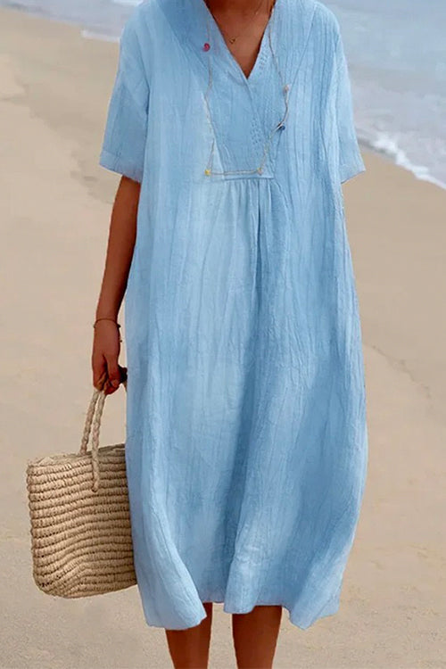 Meridress V Neck Short Sleeve Baggy Cotton Linen Midi Dress