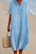 Meridress V Neck Short Sleeve Baggy Cotton Linen Midi Dress