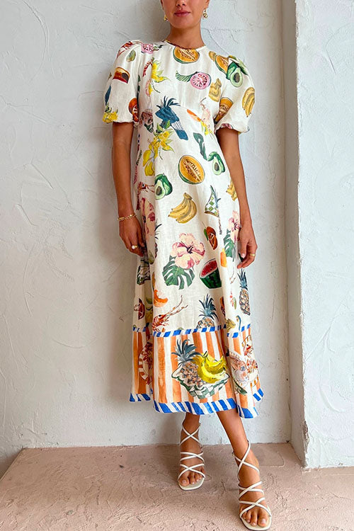 Meridress Puff Sleeve Food Printed Swing Maxi Vacation Dress