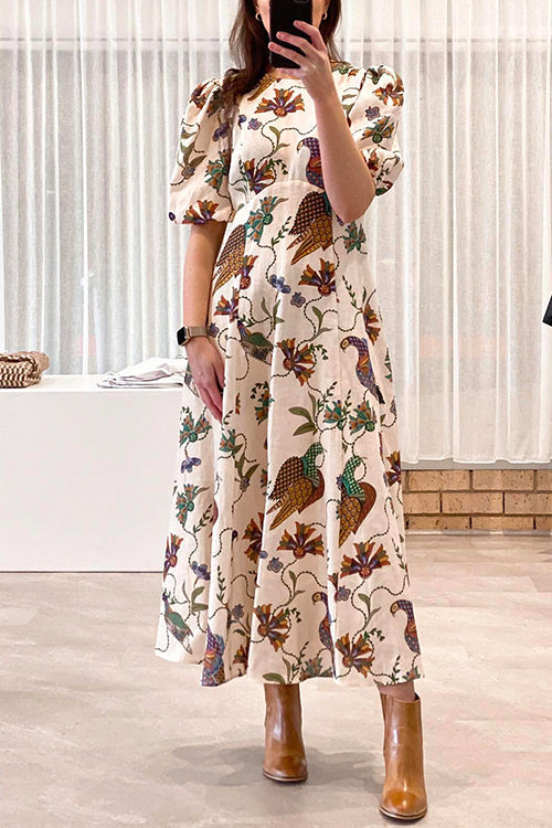 Meridress Puff Sleeves High Waist Unique Printed Maxi Swing Dress