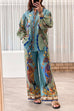 Meridress Birds Printed Puff Long Sleeves Blouse Shirt Wide Leg Pants Vacation Set