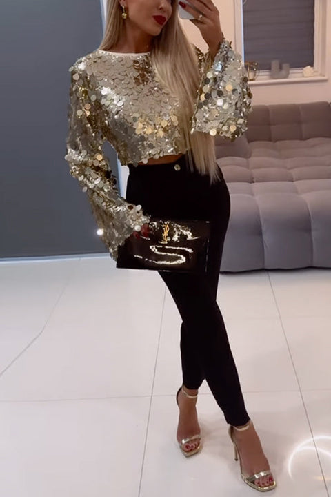 Long Bell Sleeves Metallic Sequin Crop Top