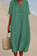 Meridress V Neck Short Sleeve Baggy Cotton Linen Midi Dress