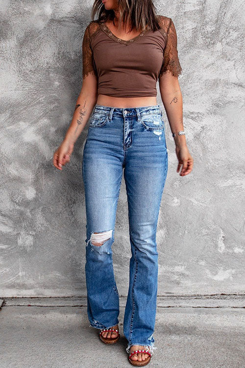 Meridress Distressed Bell Bottoms Ripped Jeans