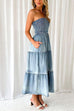 Meridress Strapless Tube Side Slit Ruffle Tiered Denim Dress