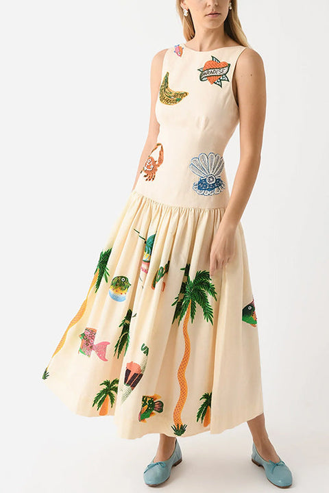 Meridress Sleeveless Tropic Print Open Back Ruffle Maxi Dress