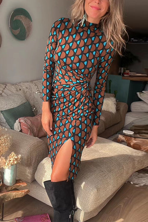 Long Sleeves Slit Printed Knee Length Bodycon Dress