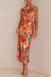 Meridress Tie Back Halter Sleeveless Waisted Maxi Floral Dress