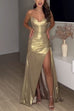 Strapless High Slit Metallic Maxi Party Dress