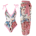 Meridress Floral Print V Neck Tie Shoulder One-piece Swimwear and Wrap Cover Up Skirt Set