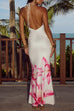 Meridress Halter V Neck Backless Ruched Flower Print Maxi Dress