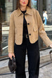 Meridress Lapel Button Up Pocketed Faux Suede Crop Jacket