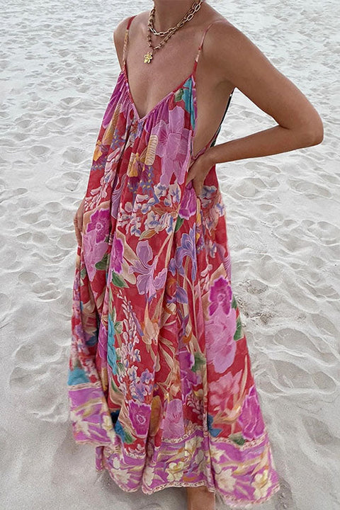 Meridress V Neck Spaghetti Strap Backless Floral Print Maxi Vacation Dress