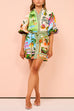 Meridress Lantern Sleeves Tie Waist Cotton Linen Resort Print Shirt Dress