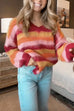 Meridress V Neck Rainbow Striped Casual Pullover Sweater