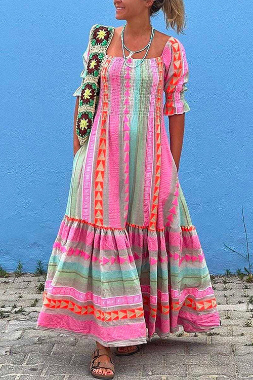 Meridress Boat Neck Short Sleeve Multi-colored Boho Print Maxi Swing Dress