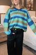 Meridress V Neck Rainbow Striped Casual Pullover Sweater