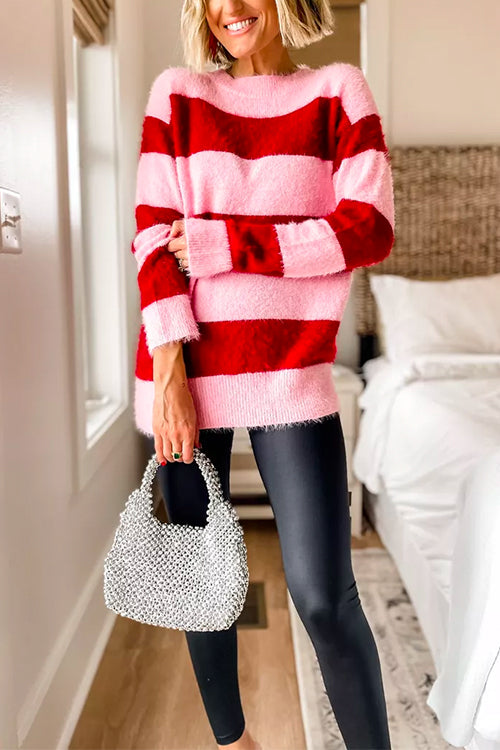 Meridress Round Neck Striped Cute Pullover Sweater