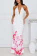 Meridress Halter V Neck Backless Ruched Flower Print Maxi Dress