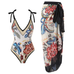 Meridress Floral Print V Neck Tie Shoulder One-piece Swimwear and Wrap Cover Up Skirt Set