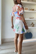 Meridress V Neck Puff Sleeves Ric Rac Trim Printed Mini Dress