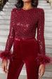 Meridress Feather-Paneled Long Sleeves Bell Bottoms Sequin Jumpsuit