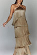 Meridress Chicest Halter Ruffle Layered Fringe Maxi Party Dress