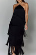 Meridress Chicest Halter Ruffle Layered Fringe Maxi Party Dress