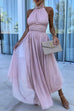 Meridress Halter Backless Waisted Tulle Maxi Dress