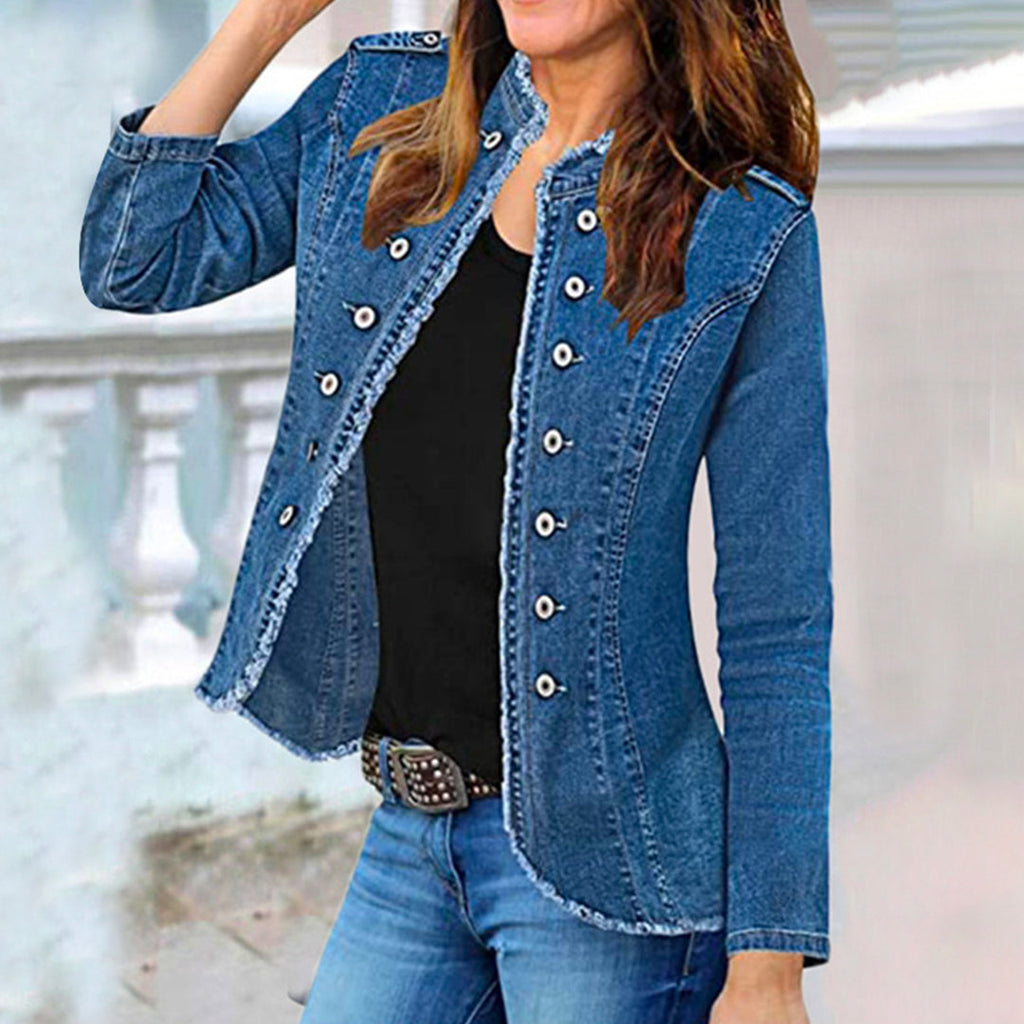 Meridress Stand Collar Double Breasted Raw Hem Denim Jacket