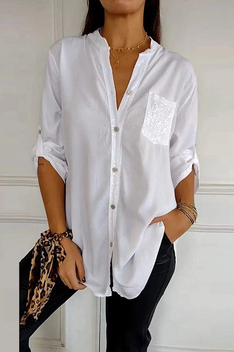 Meridress Rolled Up Sleeves Button Down Sequin Splice Blouse Shirt