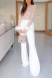 Meridress Feather-Paneled Long Sleeves Bell Bottoms Sequin Jumpsuit