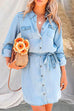 Meridress Rolled Up Long Sleeves Tie Waist Denim Shirt Dress