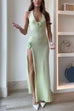 Meridress Halter V Neck Backless Slit Rose Applique Knit Maxi Dress