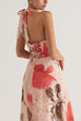 V Neck Halter Back Lace-up Floral Print Maxi Dress