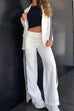 Meridress Color Block Open Front Blazer Elastic Waist Slit Wide Leg Pants Set