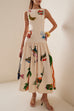 Meridress Sleeveless Tropic Print Open Back Ruffle Maxi Dress