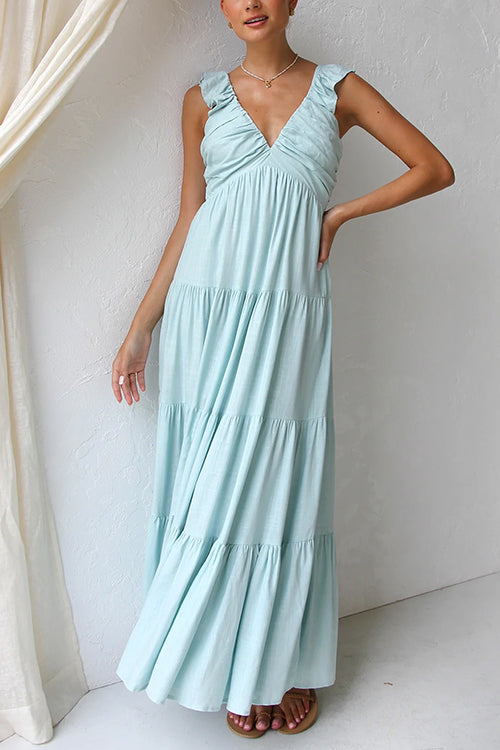 Meridress V Neck Ruffle Trim Tiered Sleeveless Linen Maxi Dress