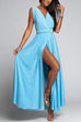 Meridress V Neck Sleeveless Back Criss Cross High Slit Maxi Party Dress