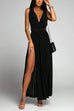 Meridress V Neck Sleeveless Back Criss Cross High Slit Maxi Party Dress